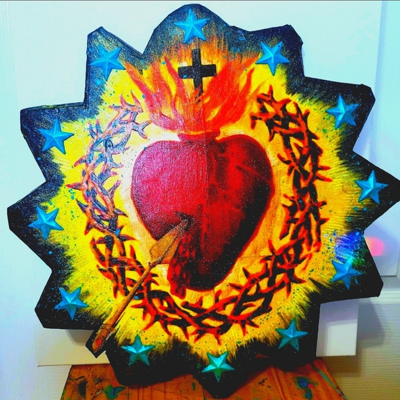 Sacred Heart Mixed Media Decor Handmade Wall Art Vivid Bright Spiritual  Decor - Picture 2 of 5